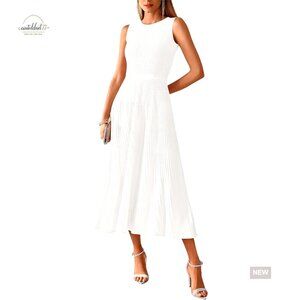 Sleeveless Pleated Midi Dress, Crewneck A-Line Knit, Business Casual Formal